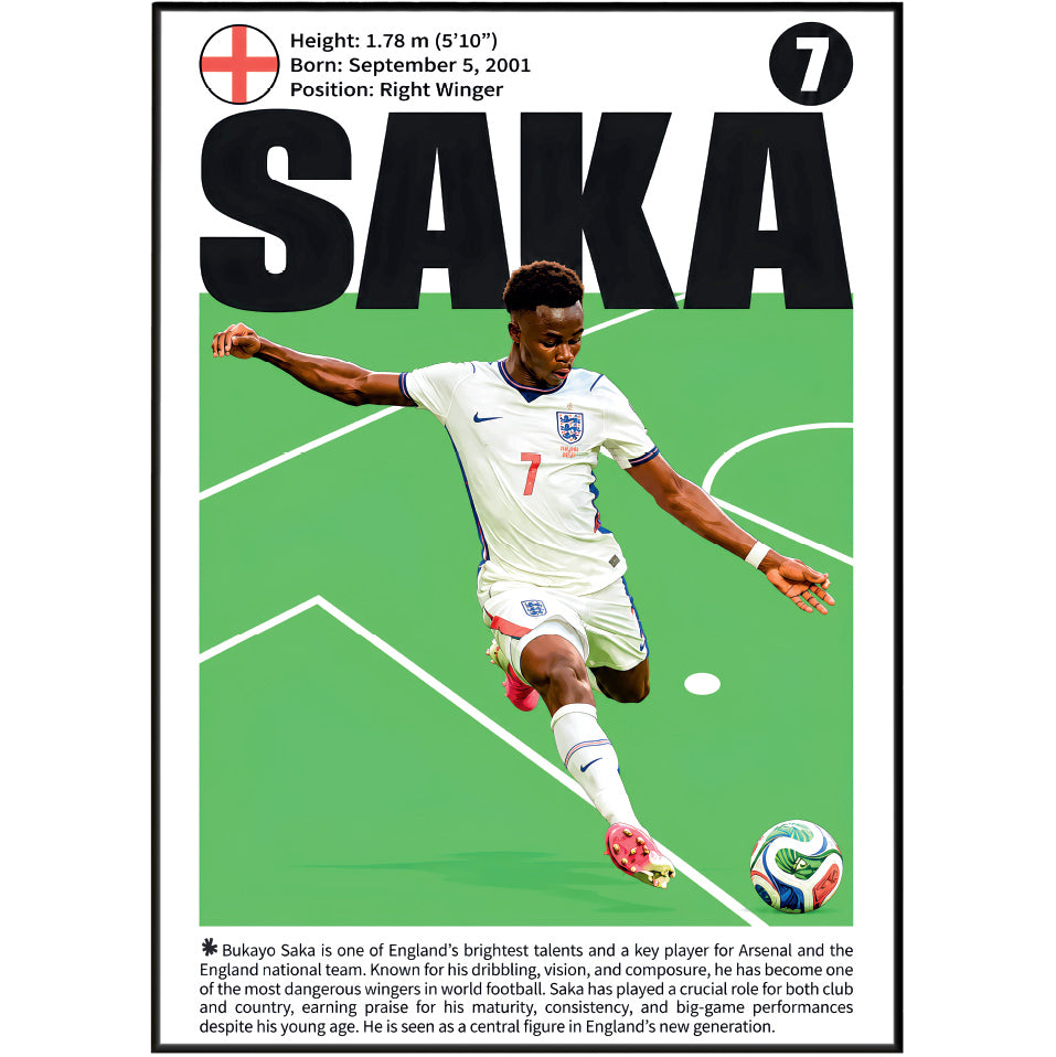 A vertically oriented poster or print featuring football player Bukayo Saka in a white England kit on a green pitch, with large black 'SAKA' text, a number 7 badge, player statistics at the top, and a short biographical note at the bottom.