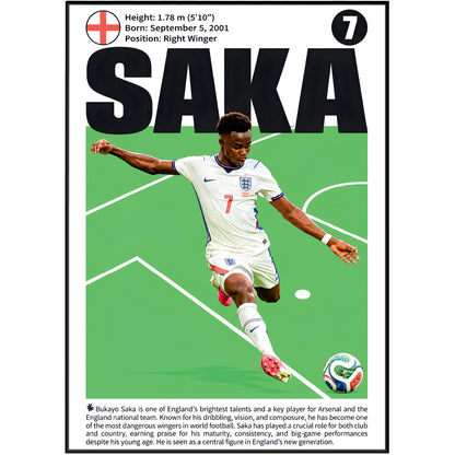 A vertically oriented poster or print featuring football player Bukayo Saka in a white England kit on a green pitch, with large black 'SAKA' text, a number 7 badge, player statistics at the top, and a short biographical note at the bottom.
