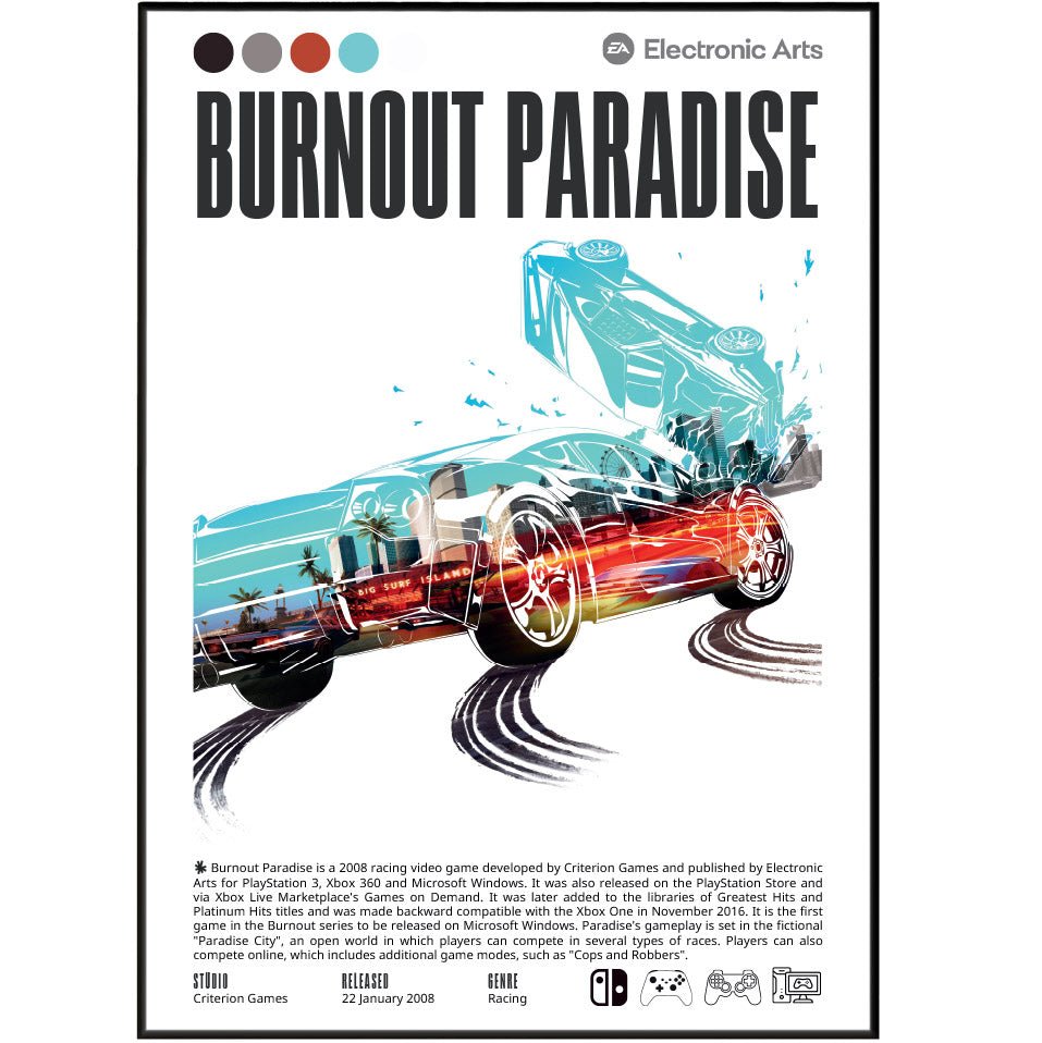 Burnout Paradise 2008 game poster — Criterion Games Paradise City open world racing wall art print UK
