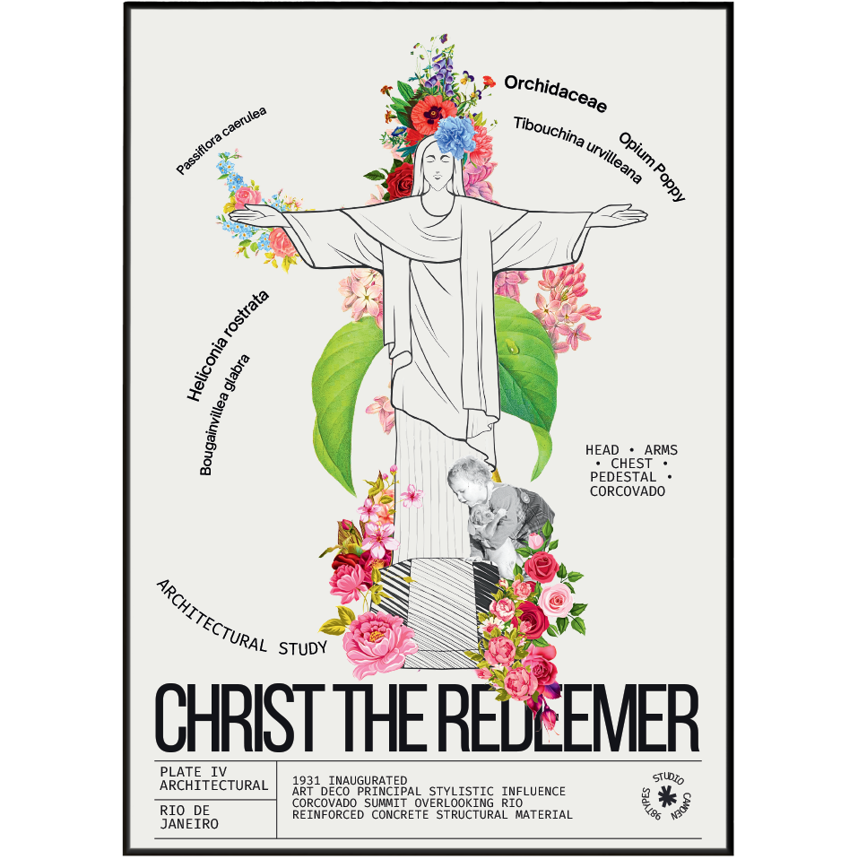 Christ the Redeemer vintage botanical archive print UK — Rio de Janeiro landmark wall art 260gsm printed in England Camden Market

