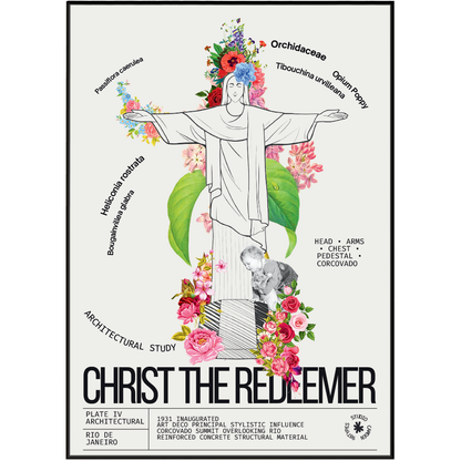 Christ the Redeemer vintage botanical archive print UK — Rio de Janeiro landmark wall art 260gsm printed in England Camden Market
