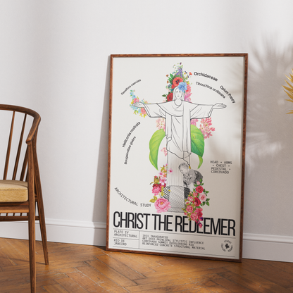 Christ the Redeemer vintage botanical archive print UK — Rio de Janeiro landmark wall art 260gsm printed in England Camden Market
