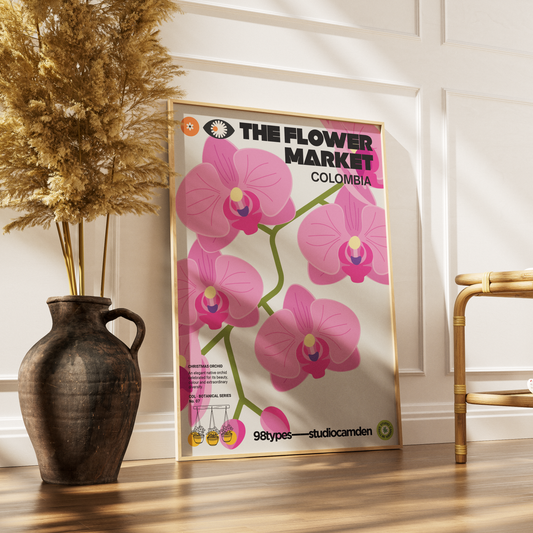 The Flower Market Colombia Christmas Orchid Cattleya trianae botanical poster print UK — national flower graphic wall art 260gsm printed in England Camden Market
