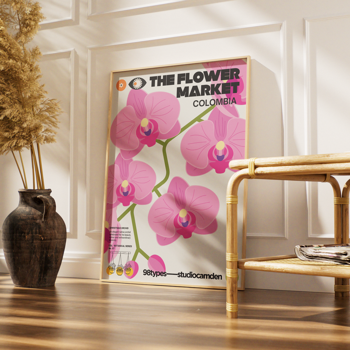 The Flower Market Colombia Christmas Orchid Cattleya trianae botanical poster print UK — national flower graphic wall art 260gsm printed in England Camden Market