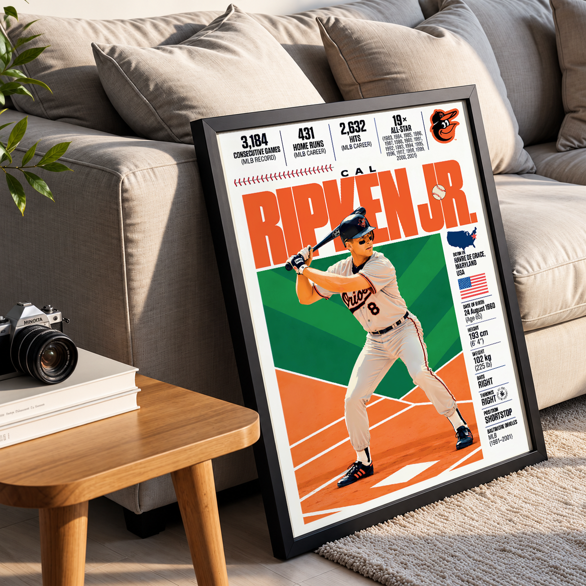 Cal Ripken Jr. poster, Baltimore Orioles baseball wall art print in a living room - 98types