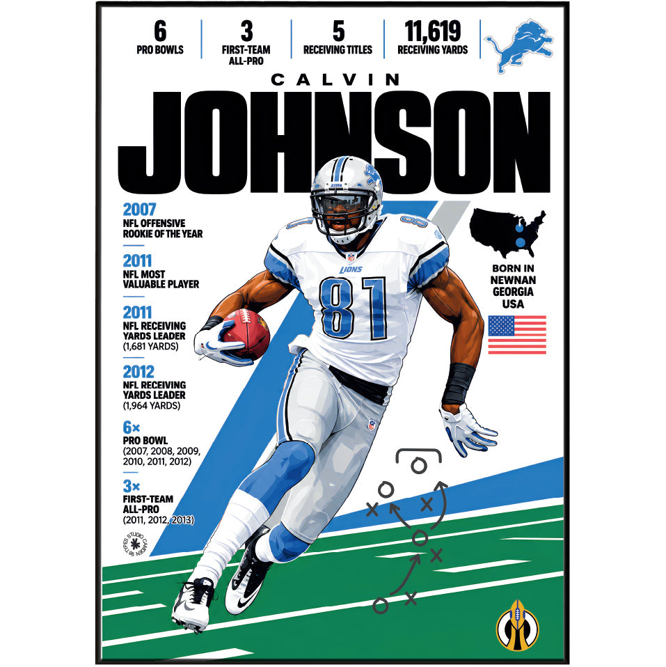 Calvin Johnson poster, Detroit Lions NFL wall art print in a boy's bedroom - 98types
