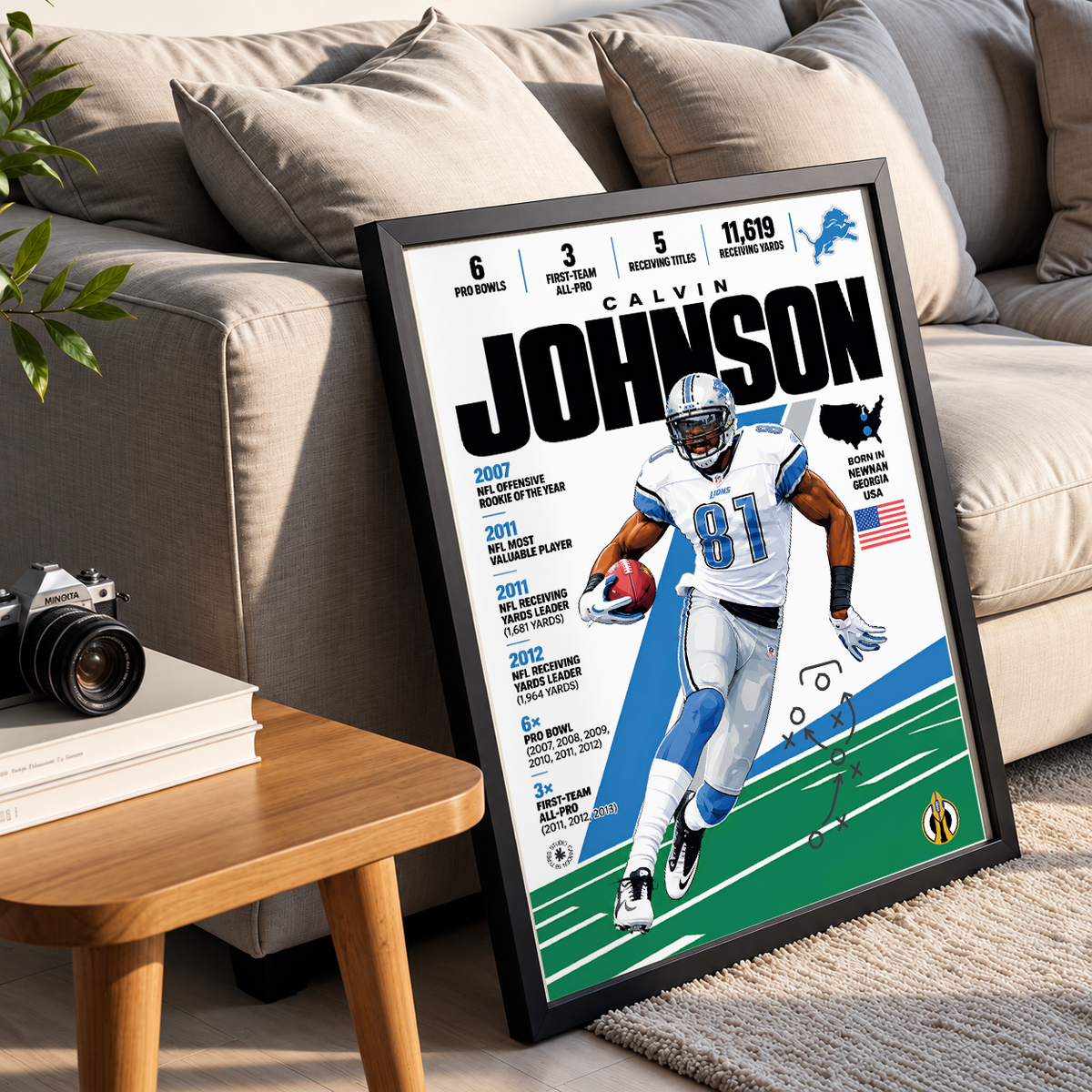 Calvin Johnson poster, Detroit Lions NFL wall art print in a boy's bedroom - 98types