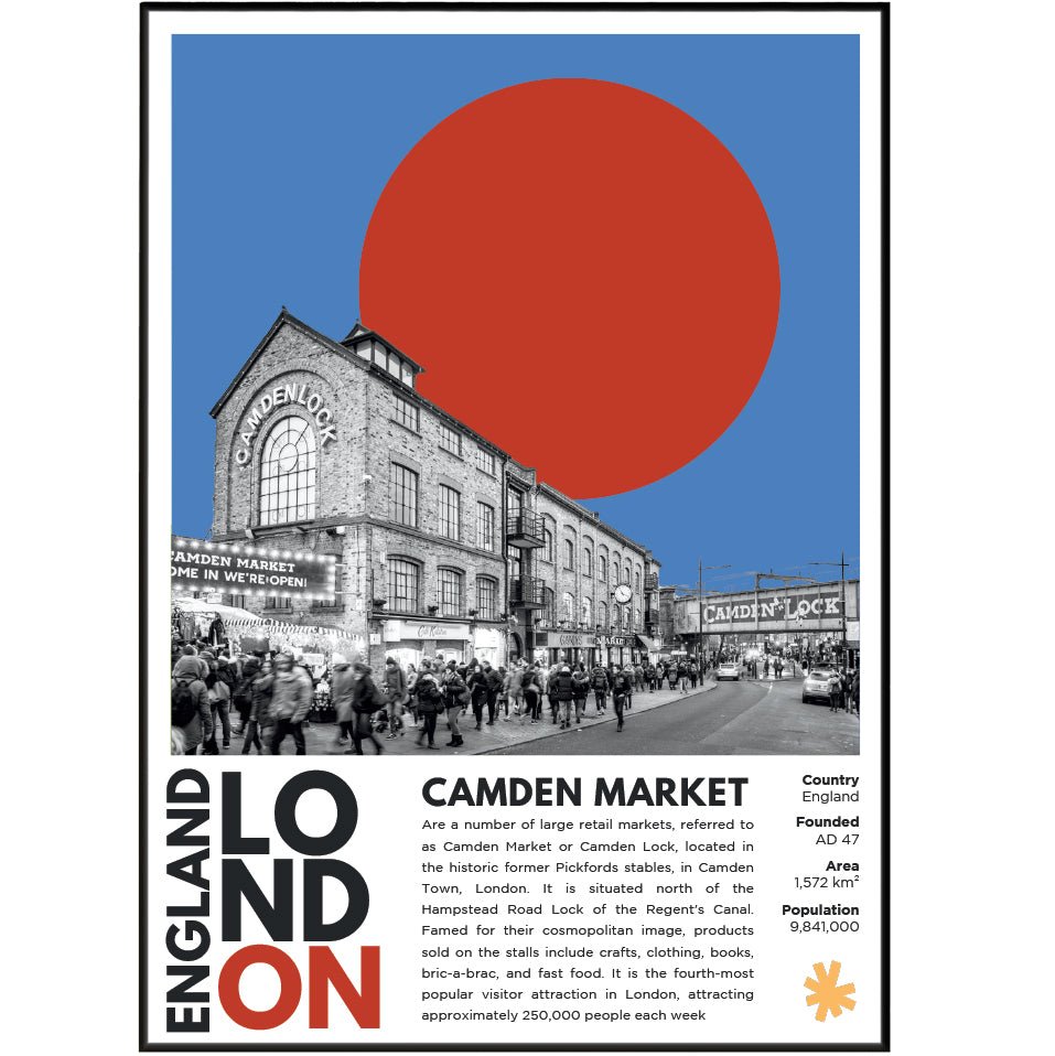 Camden Market illustration poster — Camden Lock canal market alternative culture London wall art print UK
