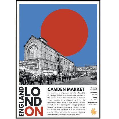 Camden Market illustration poster — Camden Lock canal market alternative culture London wall art print UK
