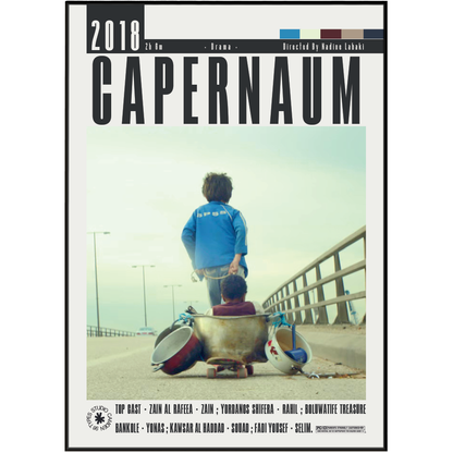 A square album or poster-style cover for Capernaum 2018, featuring a photograph of two children on a bridge with drums, large black title text at the top, and a black border around the design.