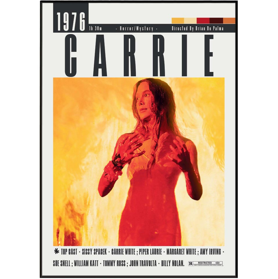 The front cover of the 1976 film 'Carrie' 3D movie poster, featuring a stylized illustration of the character Carrie in a red dress against a fiery yellow and orange background, with black text on a cream-colored border.