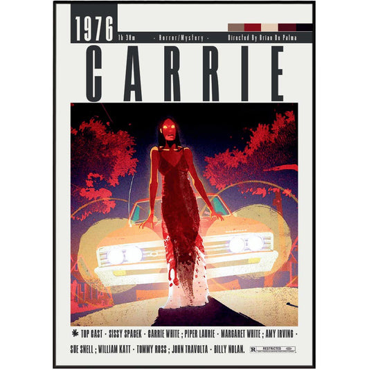 The front cover of the 2016 film 'Carrie' 10-in-1 mystery box set, featuring a stylized graphic illustration of the character Carrie standing in front of a car.