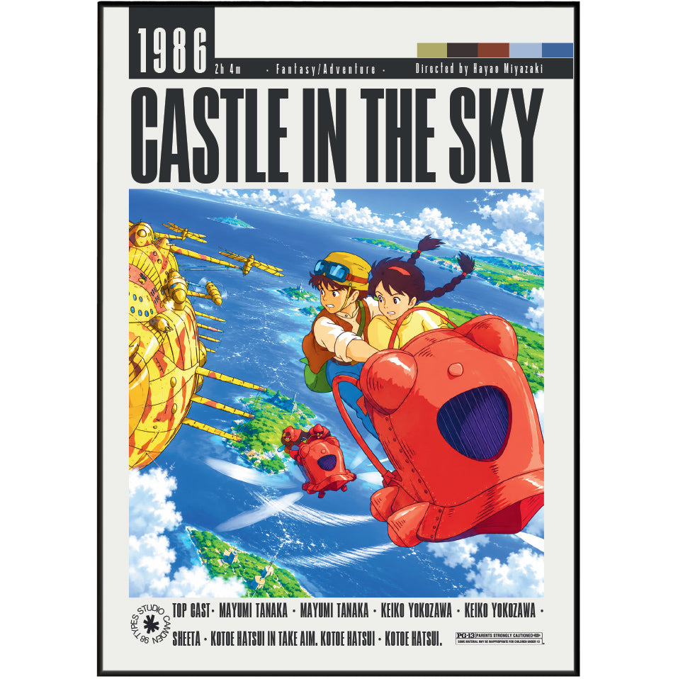 Front cover of the graphic novel 'Castle in the Sky' (1986) by Ryuo Miyazaki, featuring the main characters flying in a red biplane over a blue ocean with islands below.