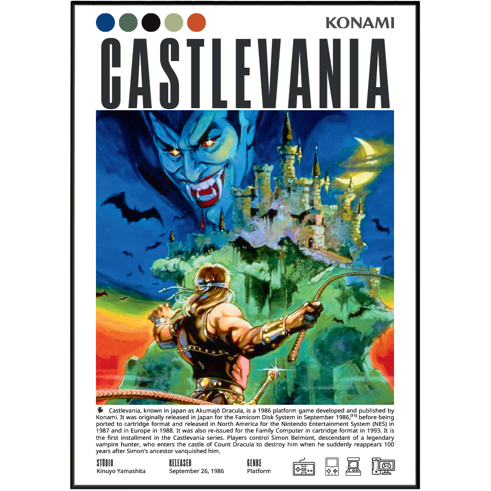 Front cover of the Konami Castlevania board game, featuring the title 'CASTLEVANIA' in large black letters above an illustrated scene of a castle on a floating island under a dark blue sky, with a vampire-like figure and a warrior below. A black border surrounds the cover, and small product icons appear along the bottom.