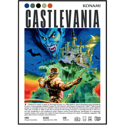 Front cover of the Konami Castlevania board game, featuring the title 'CASTLEVANIA' in large black letters above an illustrated scene of a castle on a floating island under a dark blue sky, with a vampire-like figure and a warrior below. A black border surrounds the cover, and small product icons appear along the bottom.
