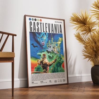 A framed Castlevania poster leaning against a white wall on a wooden floor, styled in a room with a wooden chair on the left and a potted palm on the right.