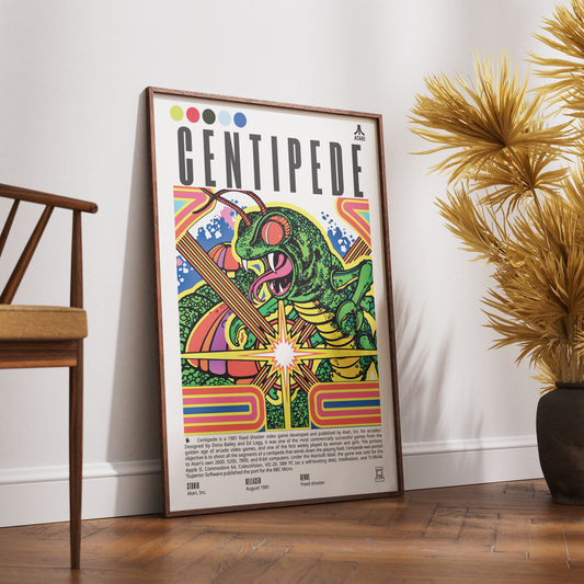 A framed Centipede music poster leaning against a white wall on a wooden floor, next to a wooden chair and a potted palm plant.