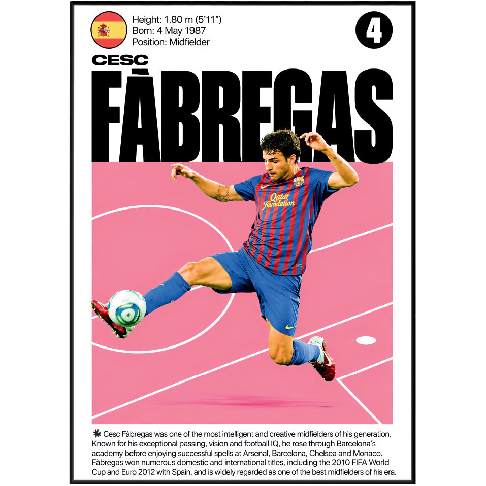 A vertical soccer poster or print featuring Cesc Fabregas in a blue and red striped Barcelona jersey, with a pink field and large black 'FABREGAS' text. The top includes player statistics and a Spanish flag, and the bottom has a short biography.