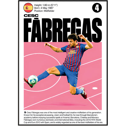 A vertical soccer poster or print featuring Cesc Fabregas in a blue and red striped Barcelona jersey, with a pink field and large black 'FABREGAS' text. The top includes player statistics and a Spanish flag, and the bottom has a short biography.