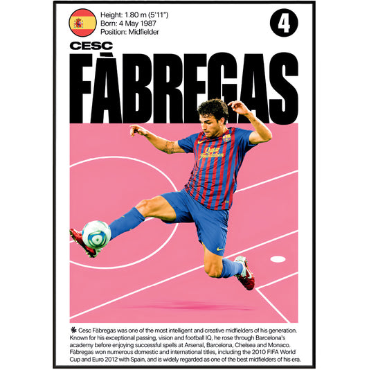 A vertical soccer poster or print featuring Cesc Fabregas in a blue and red striped Barcelona jersey, with a pink field and large black 'FABREGAS' text. The top includes player statistics and a Spanish flag, and the bottom has a short biography.