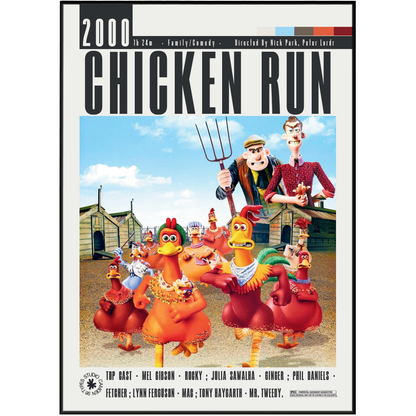 The front cover of the 2000 film 'Chicken Run' DVD, featuring the title in bold black letters at the top and a colorful cartoon illustration of anthropomorphic chickens and a farmer in a dusty farm setting.