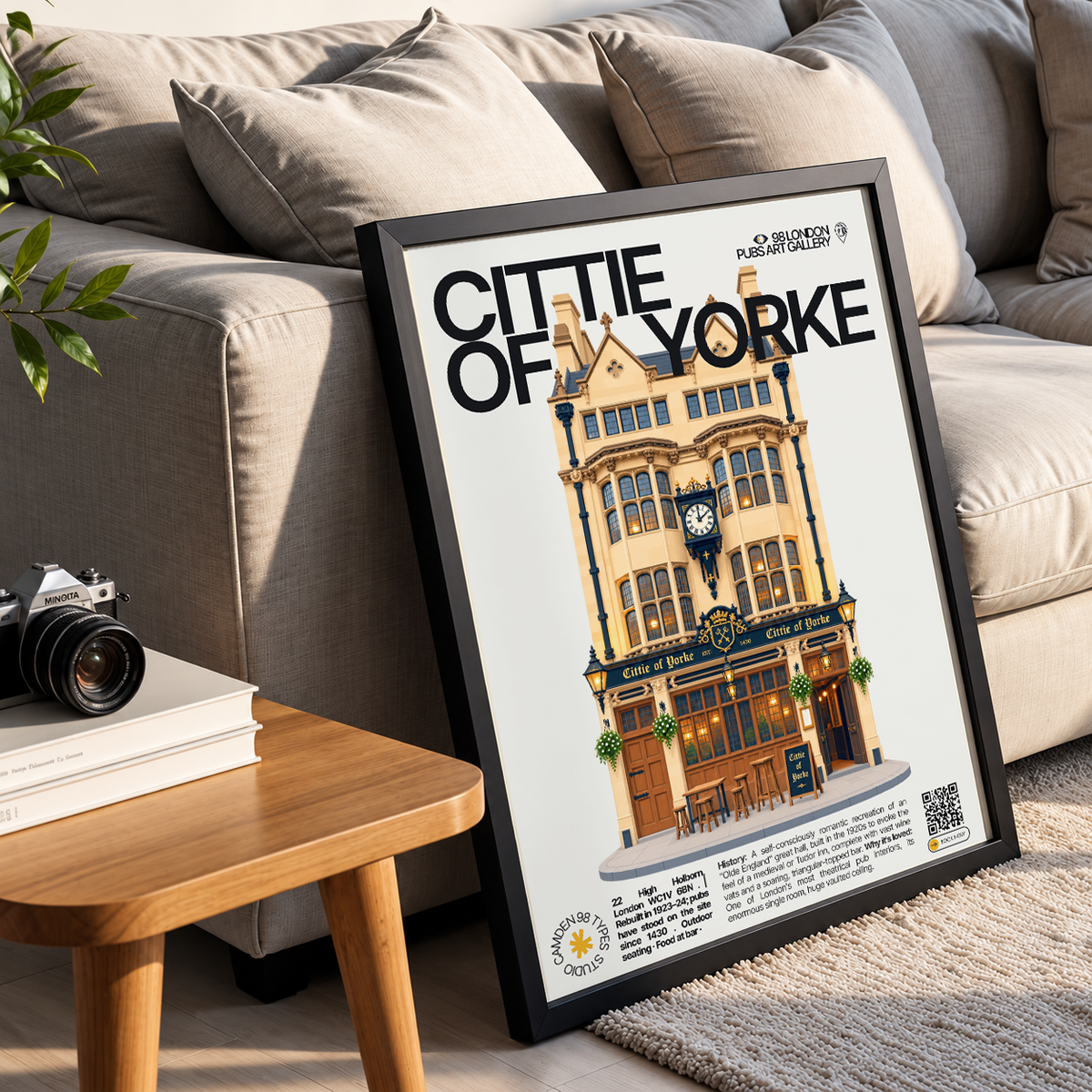 Cittie of Yorke poster, Holborn, London: vast wood-panelled interior with vaulted ceiling - 98 London Pubs Art Gallery by 98 Types