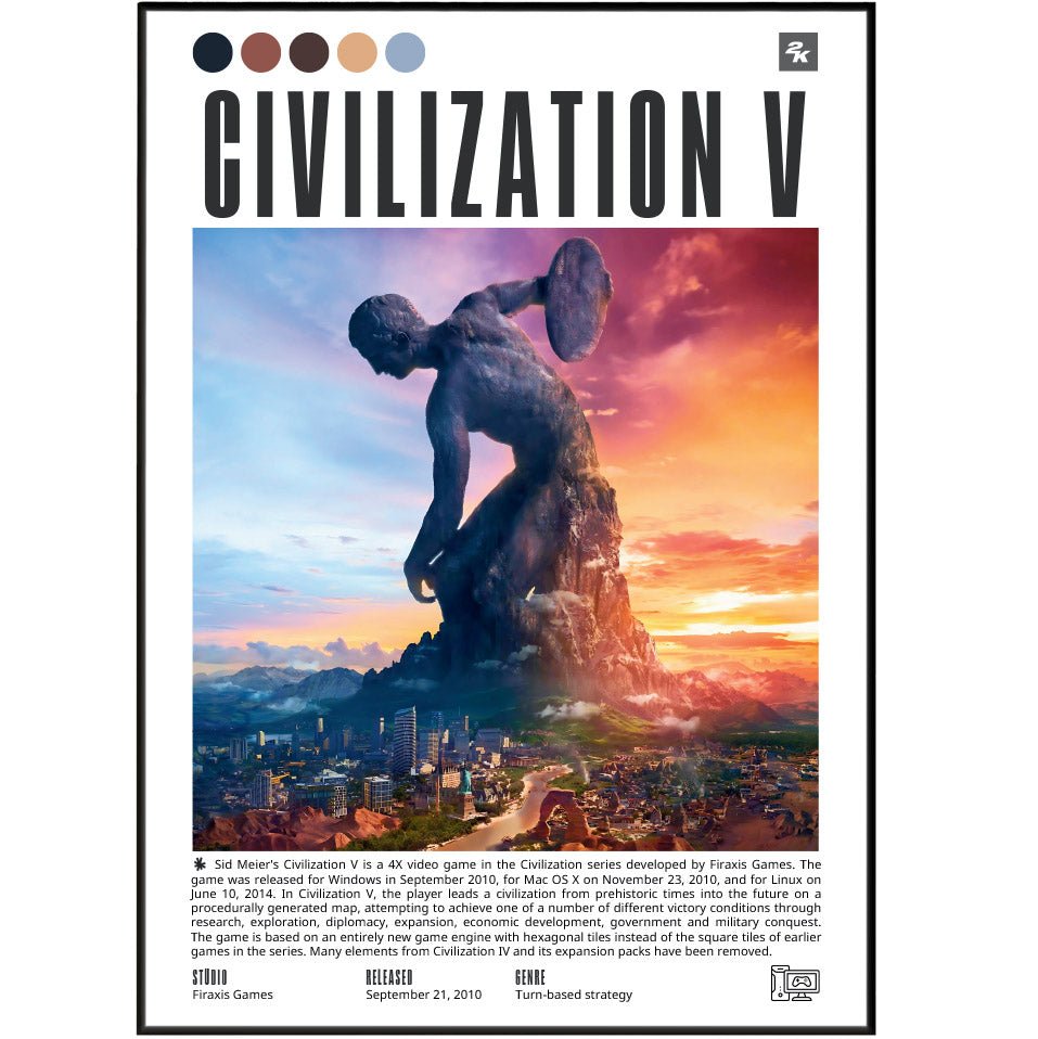 Civilization V 2010 game poster — Firaxis hexagonal grid 4X strategy diplomacy wall art print UK
 - 98types