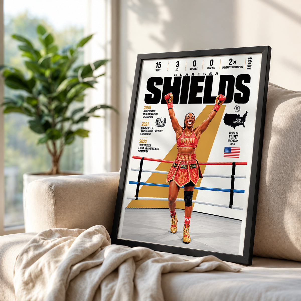 Claressa Shields poster, American boxing wall art print in a bedroom - 98types