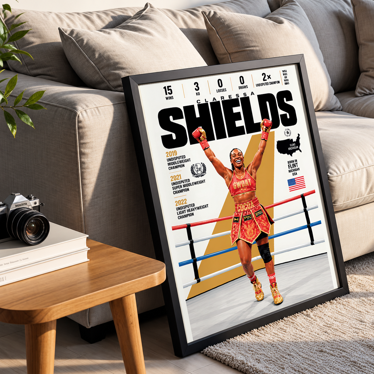 Claressa Shields poster, American boxing wall art print in a bedroom - 98types