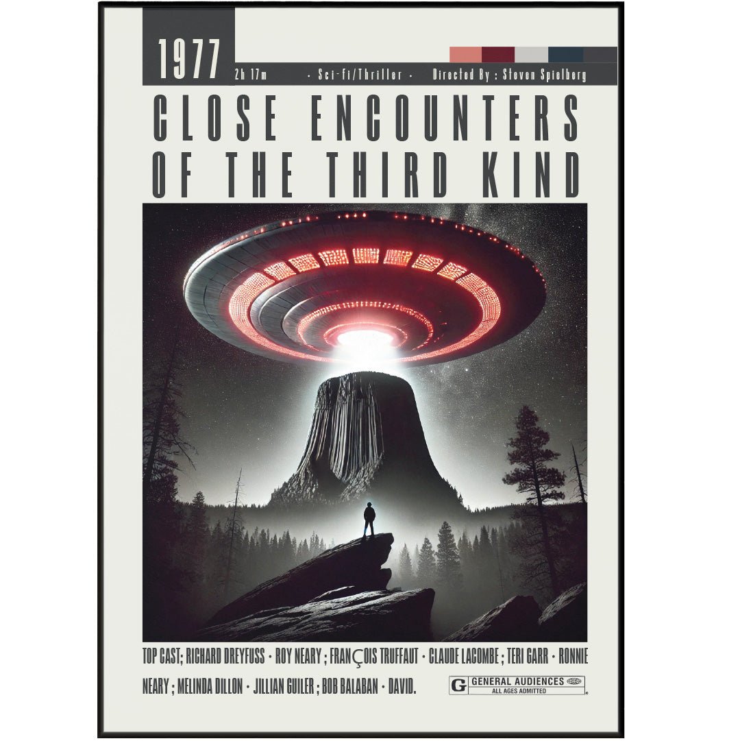 Close Encounters of the Third Kind 1977 film poster — Spielberg Roy Neary Devil's Tower alien contact wall art print UK
