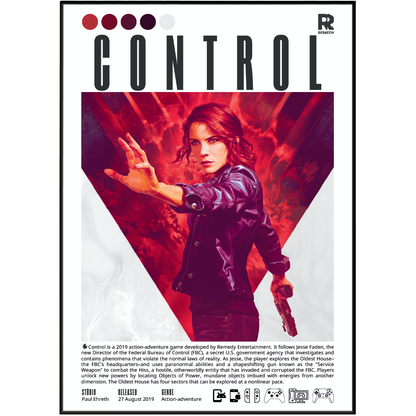 Front cover of the board game Control: The Hero's Path, featuring a stylized comic-book poster design with a woman in a dark jacket against a red and black geometric background. The title 'CONTROL' is printed at the top, with publisher branding and game info along the bottom.