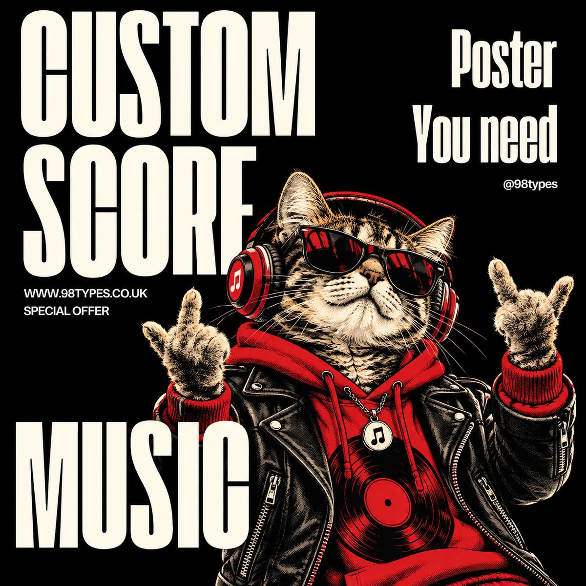 A stylized poster design on a black background featuring a cat dressed as a rock star in a black leather jacket and red hoodie, wearing red headphones and sunglasses. Large white text reads 'CUSTOM SCORE MUSIC' and 'Poster You need' with '@98Types' and 'www.