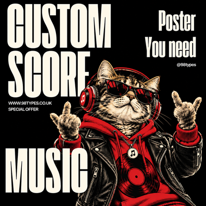 A stylized poster design on a black background featuring a cat dressed as a rock star in a black leather jacket and red hoodie, wearing red headphones and sunglasses. Large white text reads 'CUSTOM SCORE MUSIC' and 'Poster You need' with '@98Types' and 'www.