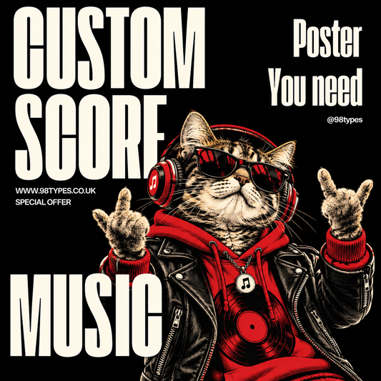 A stylized poster design on a black background featuring a cat dressed as a rock star in a black leather jacket and red hoodie, wearing red headphones and sunglasses. Large white text reads 'CUSTOM SCORE MUSIC' and 'Poster You need' with '@98Types' and 'www.