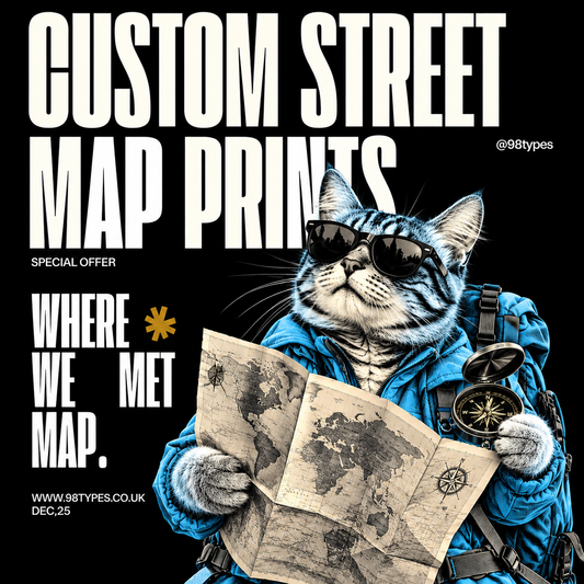 Custom street map prints graphic featuring a cat dressed as a traveler in a blue jacket, sunglasses, holding an open vintage map, with large white text reading 'CUSTOM STREET MAP PRINTS' and 'WHERE WE MET MAP.' on a black background.