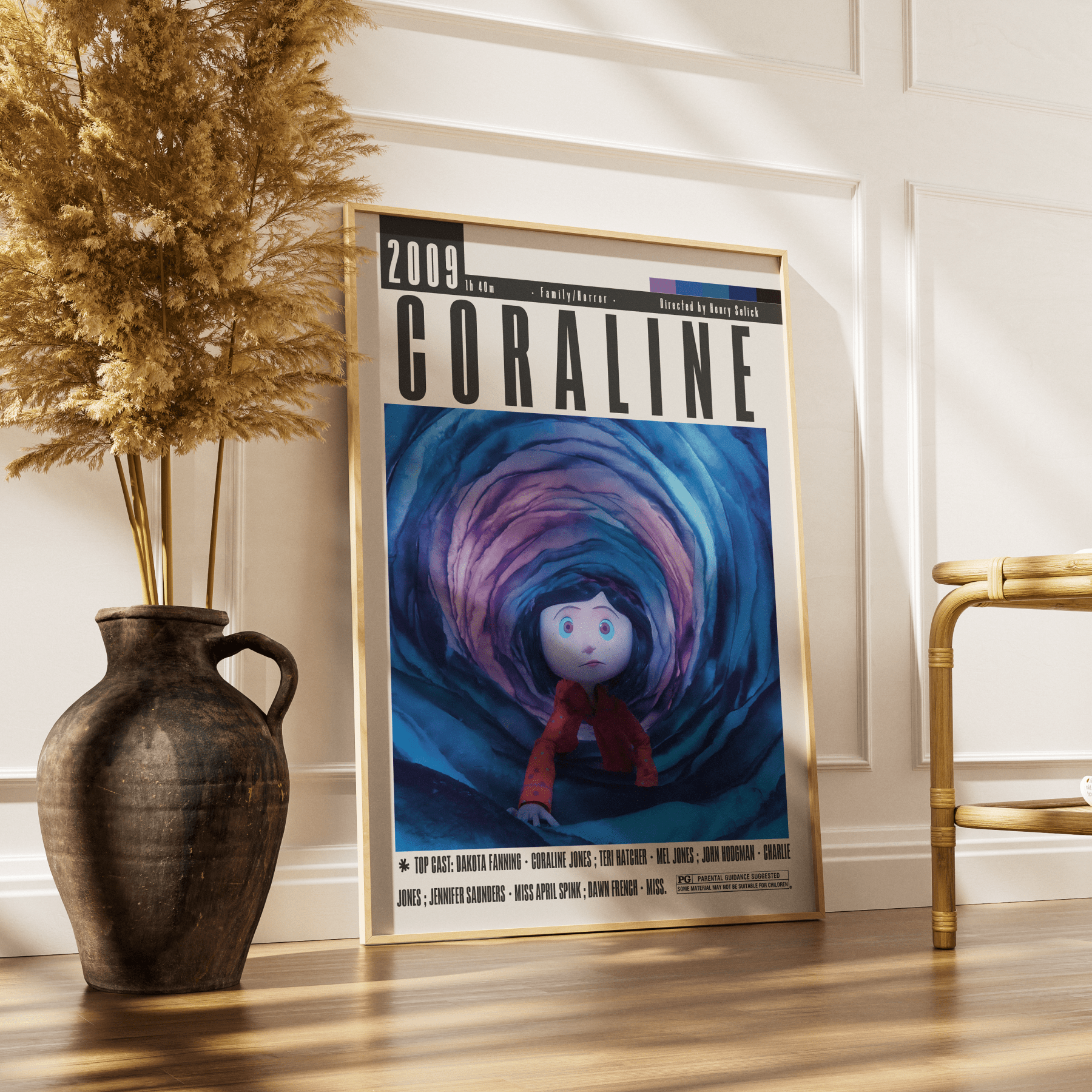 Coraline 2009 animated horror film poster — Henry Selick Neil Gaiman Other Mother button eyes wall art print UK
