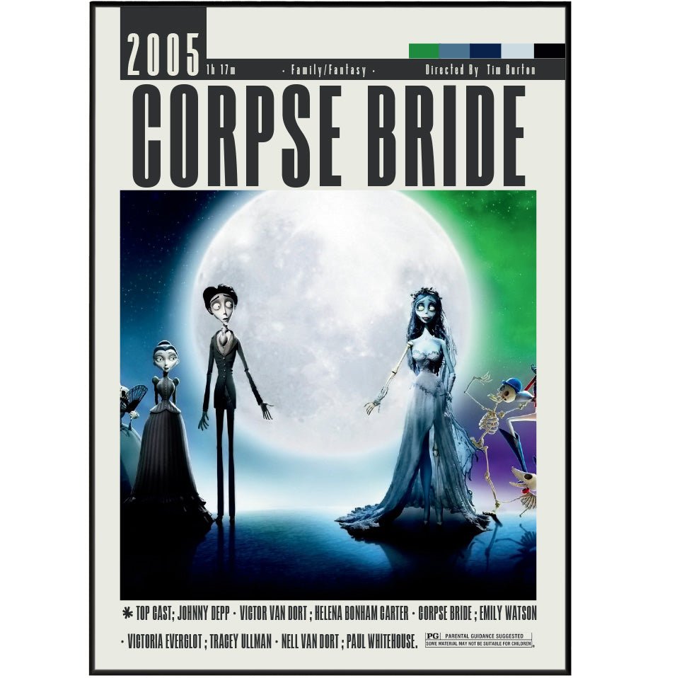 Corpse Bride 2005 animated film poster — Tim Burton Victor Van Dort Emily butterfly gothic stop-motion wall art print UK
