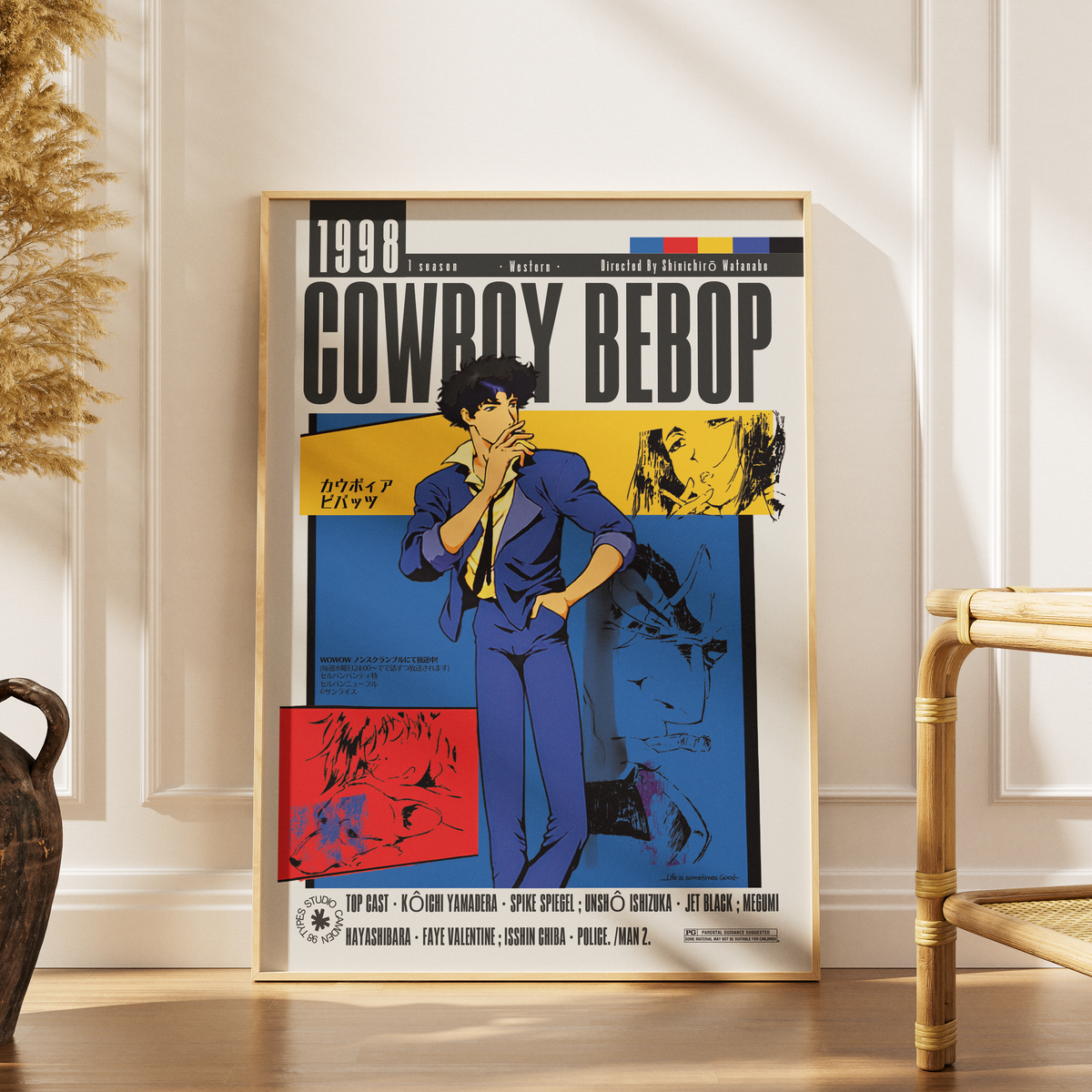 Cowboy Bebop 1998 Shinichiro Watanabe anime poster print UK — Spike Spiegel Jet Black space western wall art 260gsm printed in England Camden Market