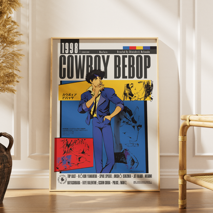 Cowboy Bebop 1998 Shinichiro Watanabe anime poster print UK — Spike Spiegel Jet Black space western wall art 260gsm printed in England Camden Market