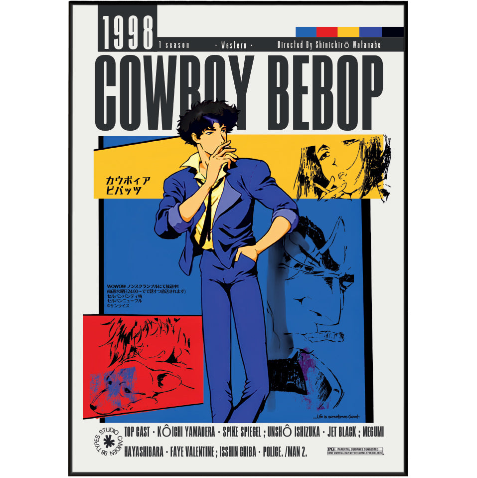 Cowboy Bebop 1998 Shinichiro Watanabe anime poster print UK — Spike Spiegel Jet Black space western wall art 260gsm printed in England Camden Market