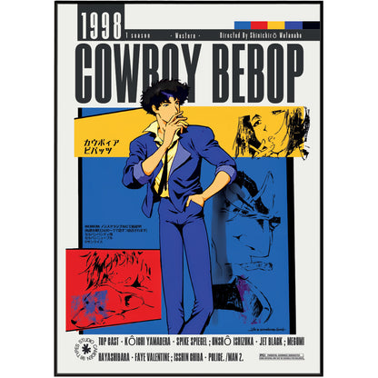 Cowboy Bebop 1998 Shinichiro Watanabe anime poster print UK — Spike Spiegel Jet Black space western wall art 260gsm printed in England Camden Market