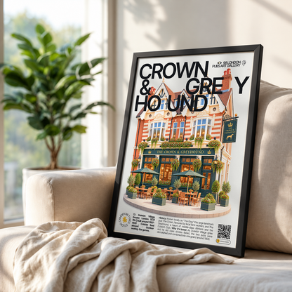 Crown & Greyhound poster, Dulwich Village, London: large symmetrical Victorian pub facade in a village setting - 98 London Pubs Art Gallery by 98 Types