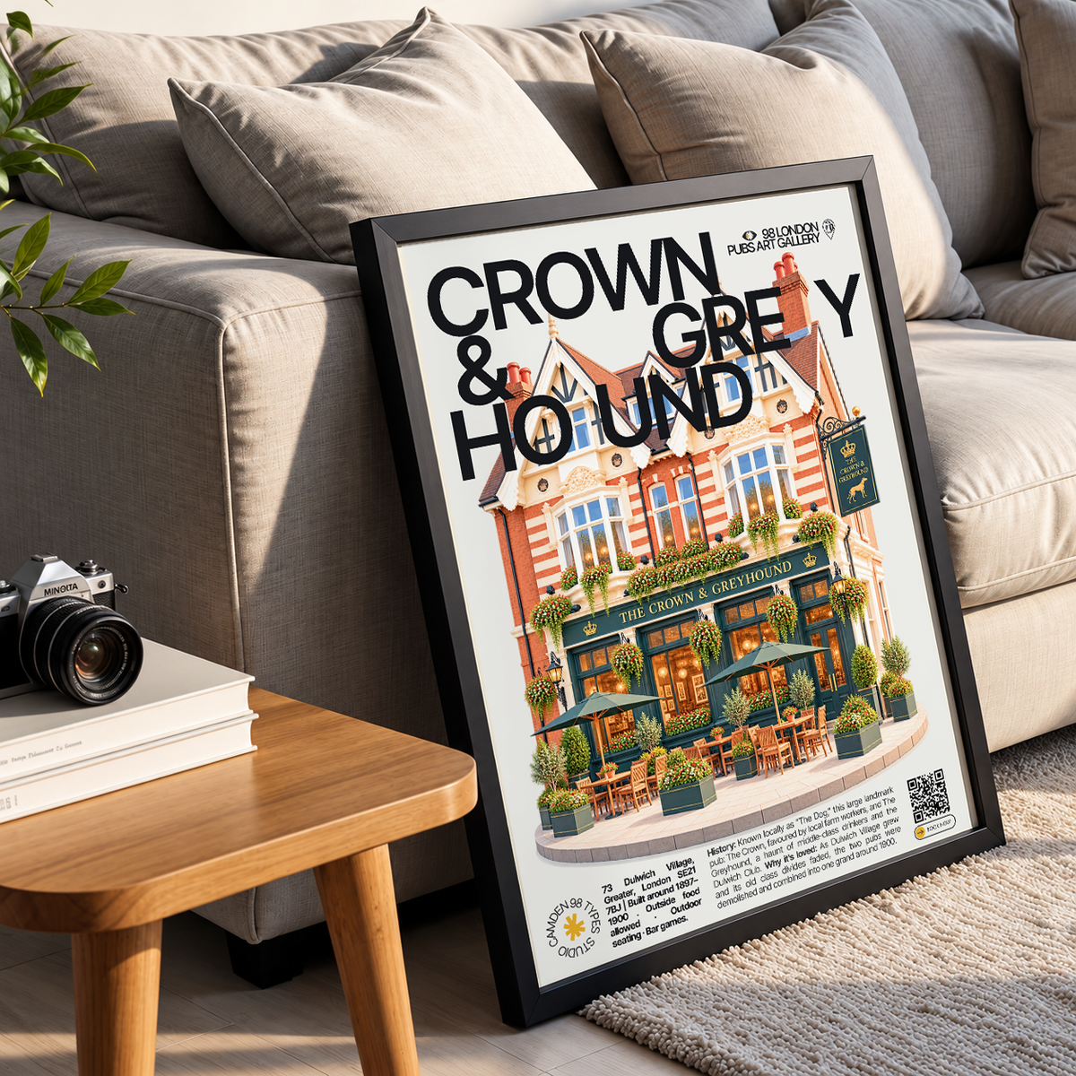 Crown & Greyhound poster, Dulwich Village, London: large symmetrical Victorian pub facade in a village setting - 98 London Pubs Art Gallery by 98 Types