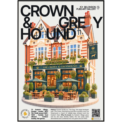 Crown & Greyhound poster, Dulwich Village, London: large symmetrical Victorian pub facade in a village setting - 98 London Pubs Art Gallery by 98 Types