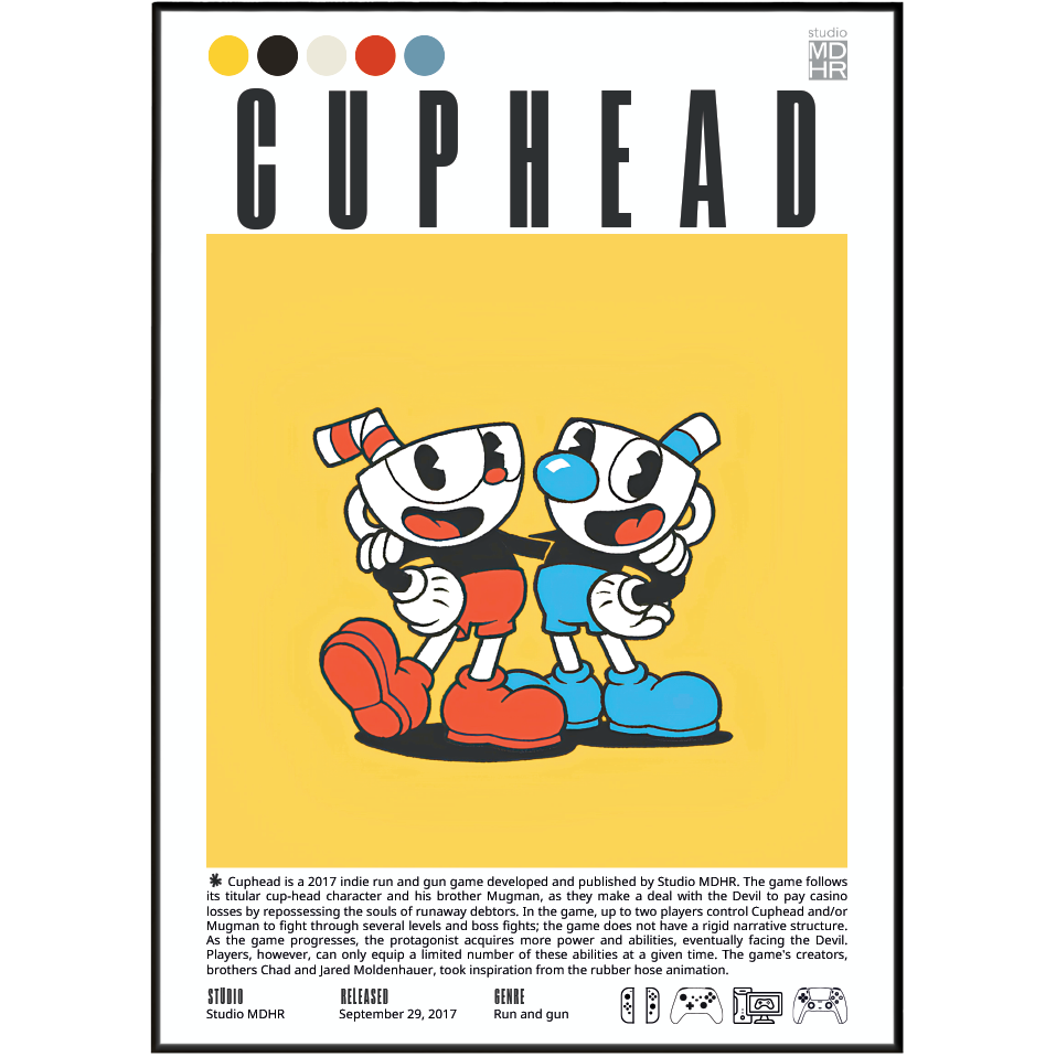 Cuphead poster print featuring the game's title at the top, a large yellow central panel with the stylized Cuphead character, and small colored circles above the title. The poster is shown centered on a white background with product text and logos along the bottom.