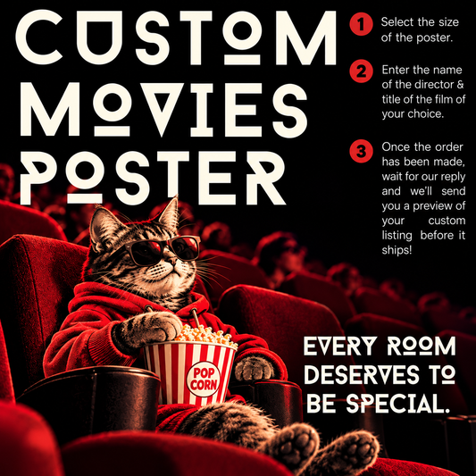 Custom movie poster template featuring a tabby cat in a red hoodie and sunglasses sitting in a movie theater, holding a popcorn bucket. The design includes bold white text reading 'CUSTOM MOVIES POSTER' and instructions on the right side.