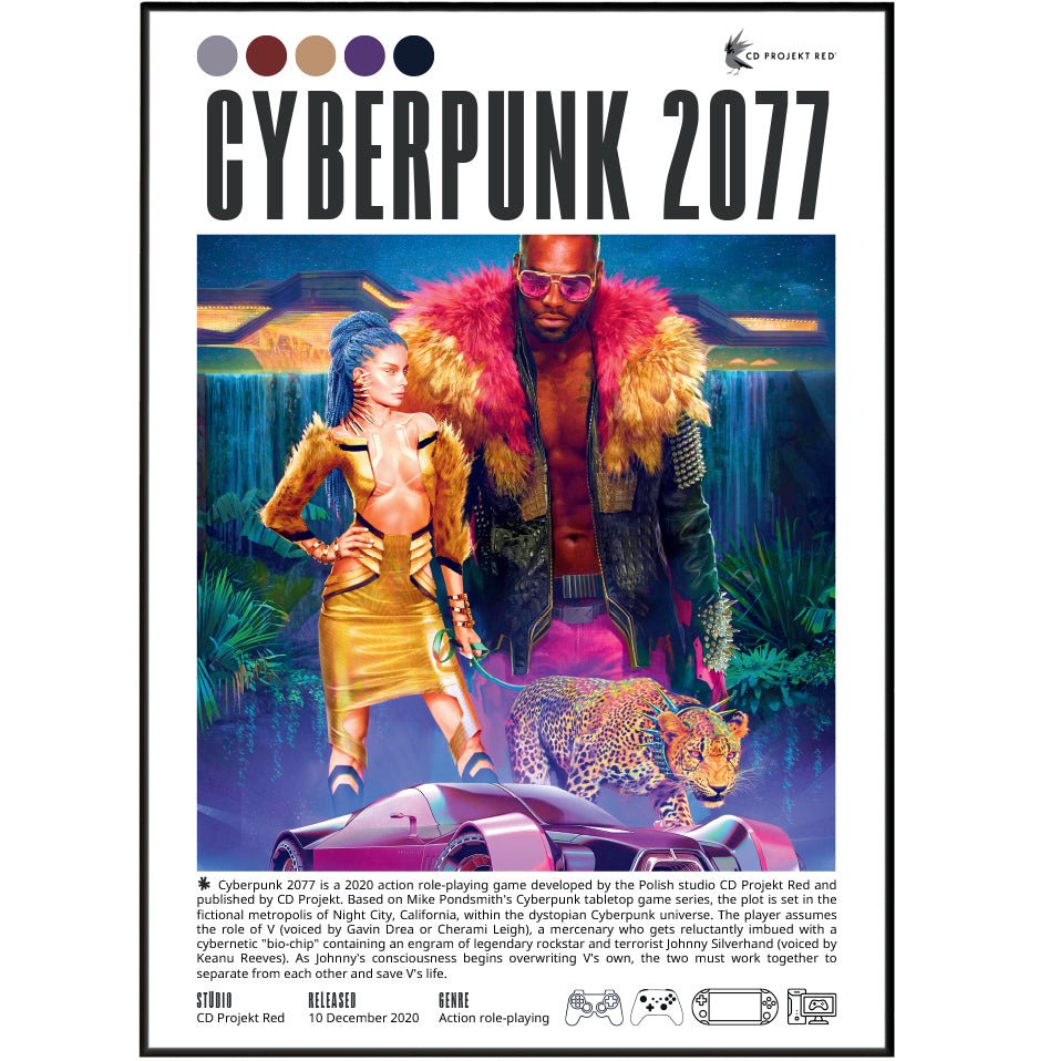 Cyberpunk 2077 2020 game poster — V Night City Johnny Silverhand Keanu Reeves wall art print UK
 - 98types