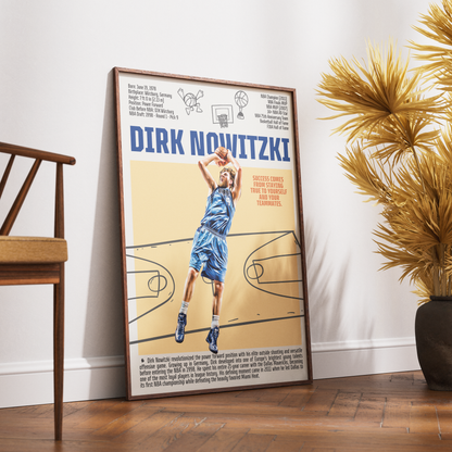 Dirk Nowitzki basketball poster — Dallas Mavericks German legend 2011 champion minimalist wall art print UK