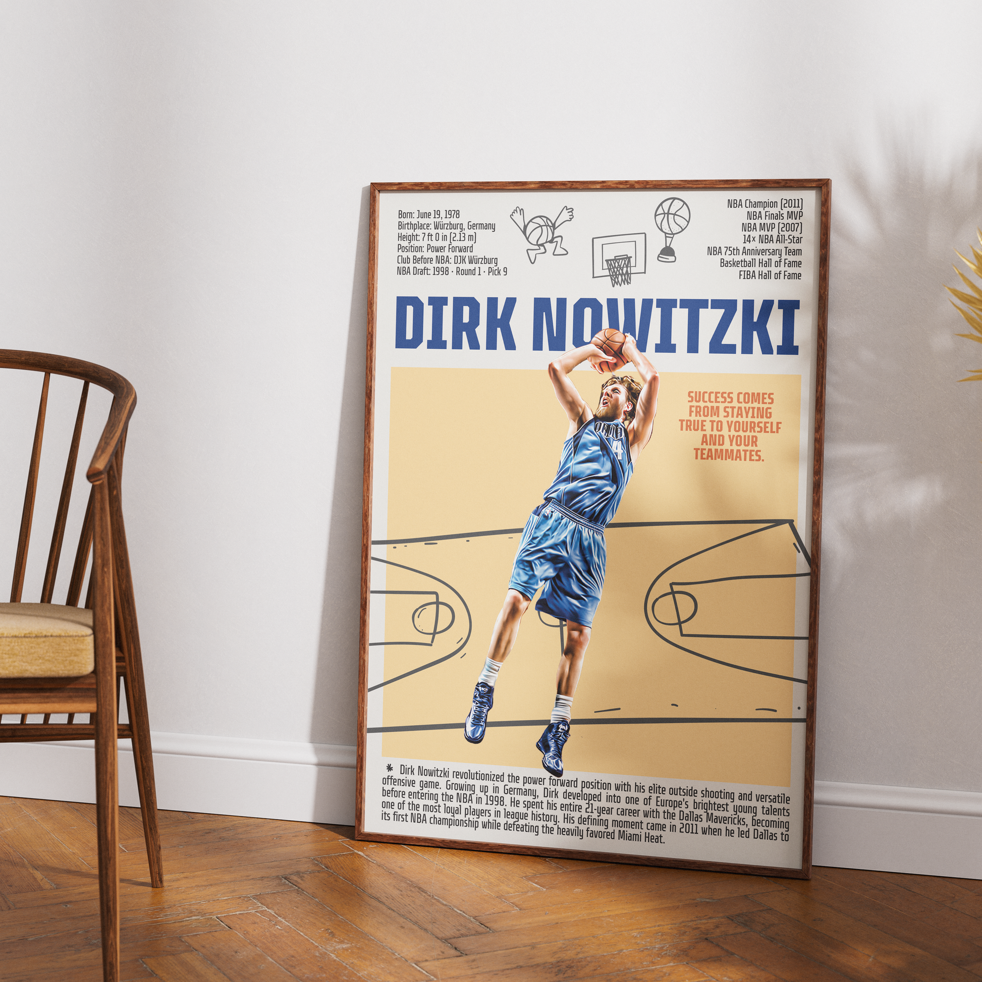 Dirk Nowitzki basketball poster — Dallas Mavericks German legend 2011 champion minimalist wall art print UK