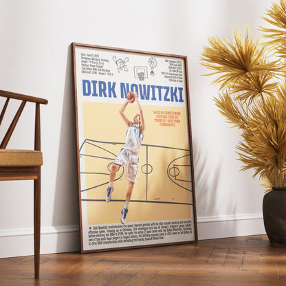 Dirk Nowitzki basketball poster — Dallas Mavericks German legend 2011 champion minimalist wall art print UK